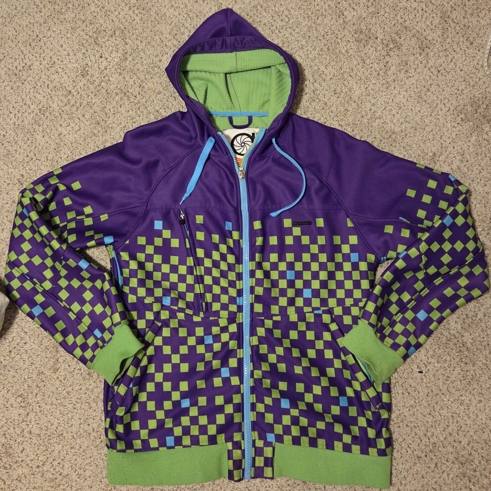 Aperture Snowboard Pixel Sweatshirt Zip Hoodie Pockets Green Purple Men's Large - Picture 2 of 8